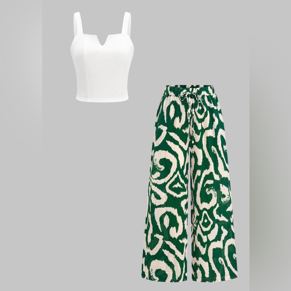 Micas Green and White Patterned Wide-Leg Pants